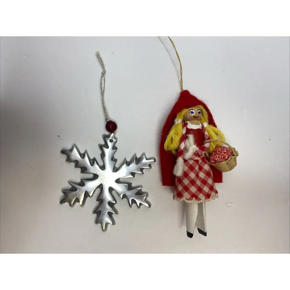 Vintage Christmas Ornaments Metal‎ Snowflake & Wooden/Cloth Red Riding Hood